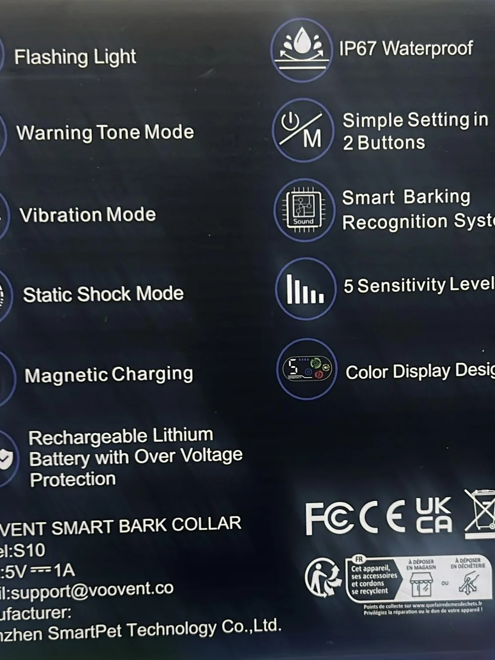 Voovent S10 Smart Bark Collar featuring a digital display five sensitivity level